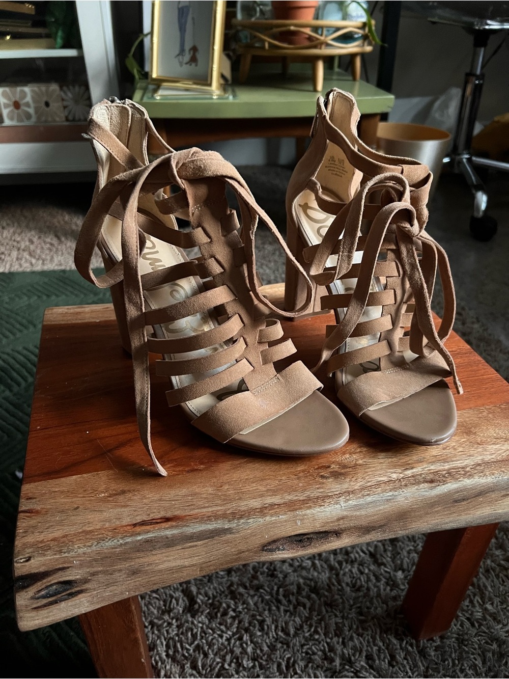 Sam Edelman Tan Suede Lace-Up Strappy High Heels
